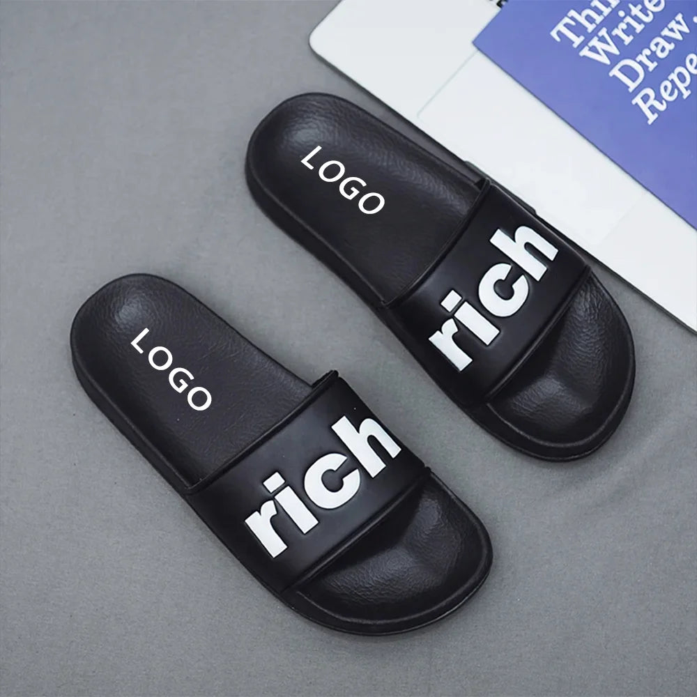 OEM Custom Black PVC Men's Slippers Solid Color Summer Mules Anti-Slip Cushioning Quick-Drying Features Waterproof Custom Log