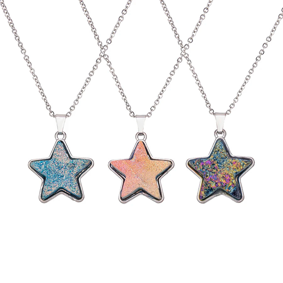 Natural Crystal Stone Rose Quartz Crystal Stone Star Druzy Pendant Necklace with Stainless Steel Chain Gemstone Jewelry