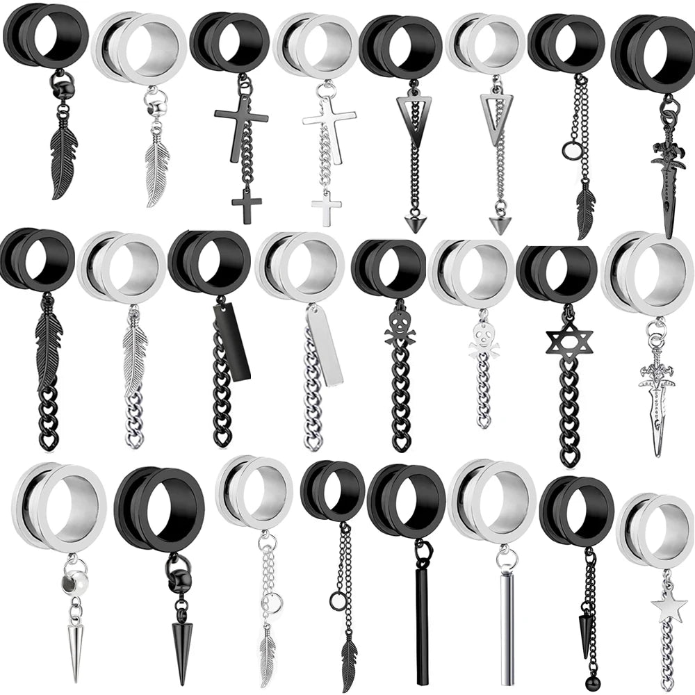 Wholesales Stainless Steel Christian 6-20mm Dangle Ear Tunnels Women Men Crosss Spike Chain Piercing Plugs Cheap Factory Pric