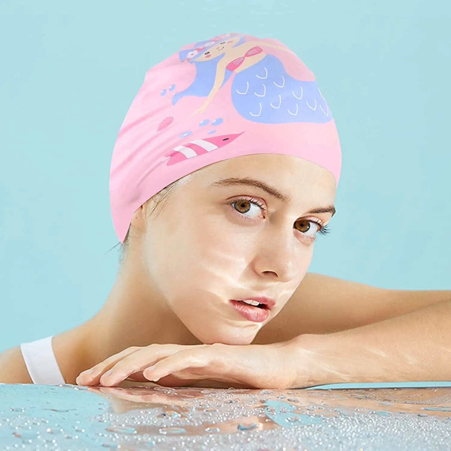 Fashionable 100% Eco-Friendly Silicone Swim Cap Kids Mermaid Design with Custom Logo Print Good Stretch & Leak-Proof