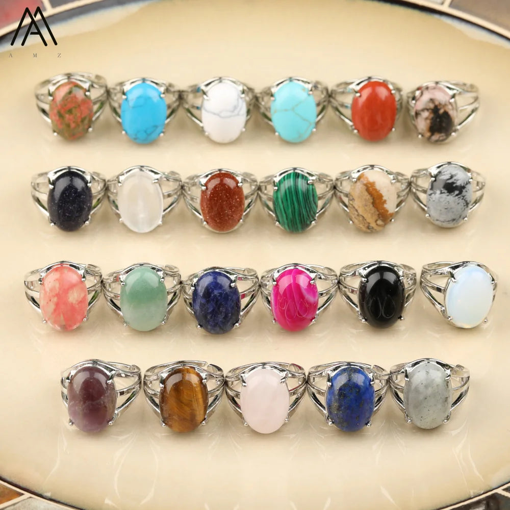 Oval Cabochons Gemstone Bead SIlver Ring for Women Men Jewelry Gift