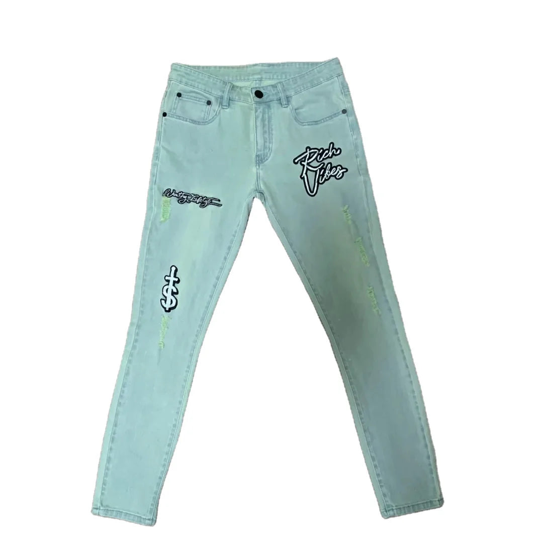 DENIMGUYS Men's Streetwear Casual Jeans Denim Pants Men Customized Embroidered Stretch Distressed Skinny Jeans