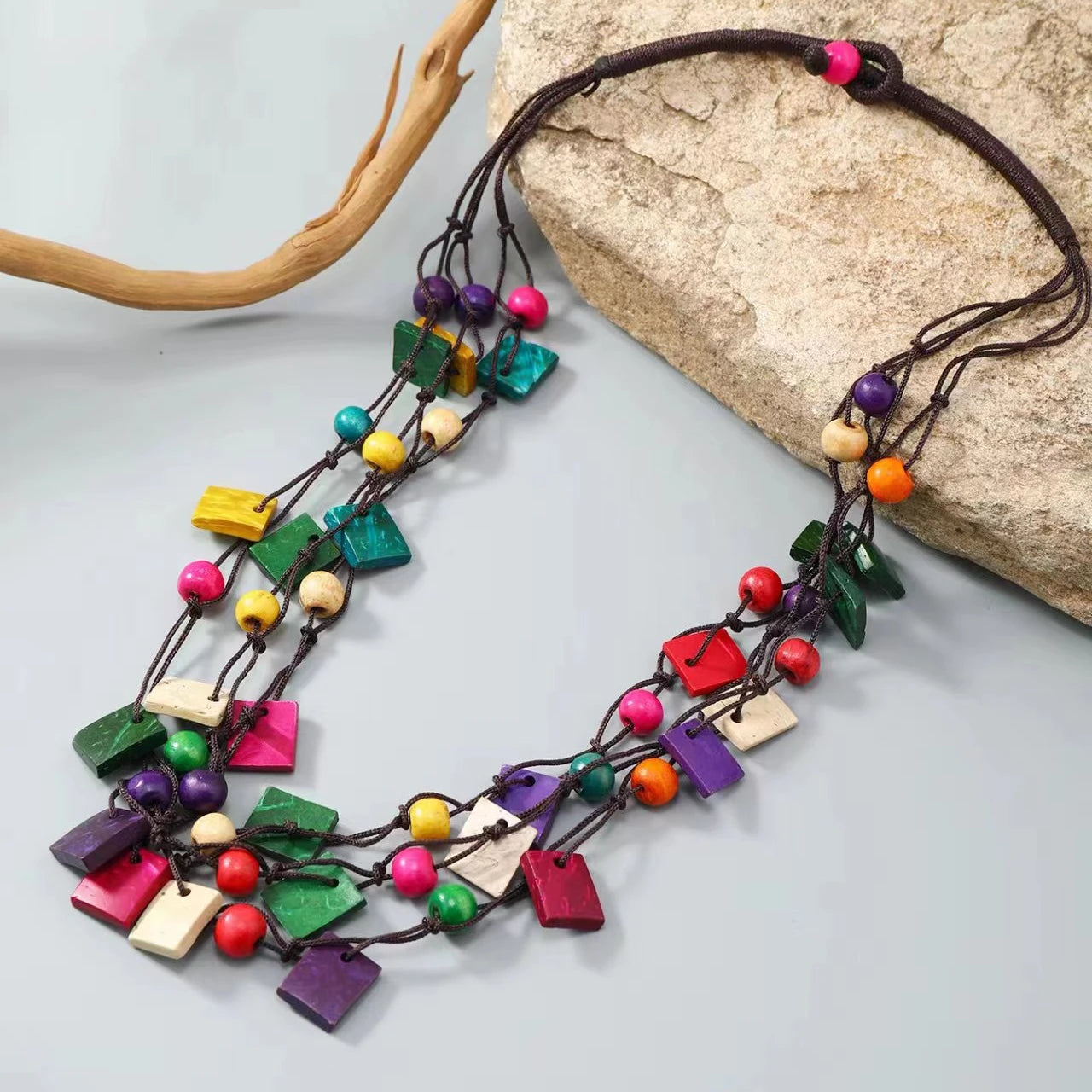 Colorful  Wood Necklace 2024 New Design Bohemian Folk Vintage Coir Sweater Chain Long Necklace