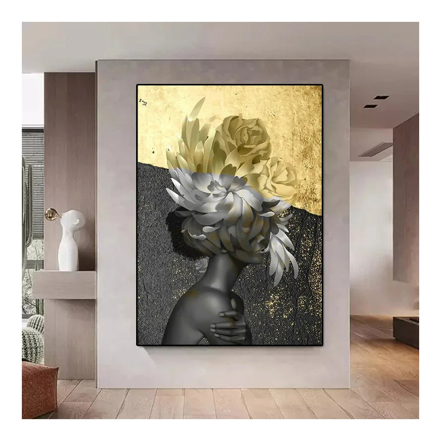 Rose Head Woman Canvas Painting Modern Art Gold and White Abstract Woman Floral Posters Print Wall Pictures for Home Room Dec