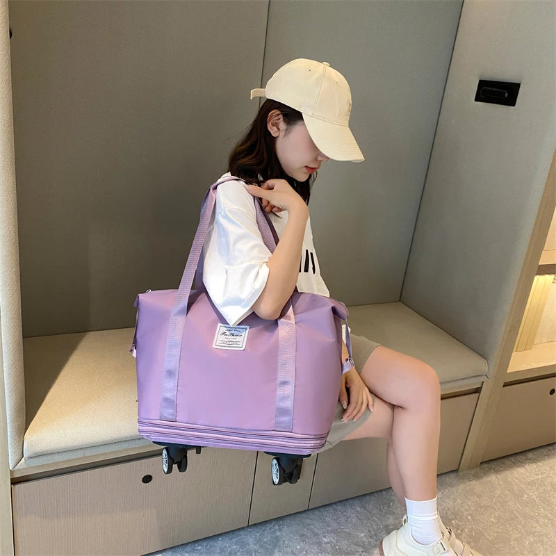 Wheeled Sport Gym Bag Waterproof Oxford Travel Fitness Duffel Bag Expandable Yoga Storage Shoulder Bag