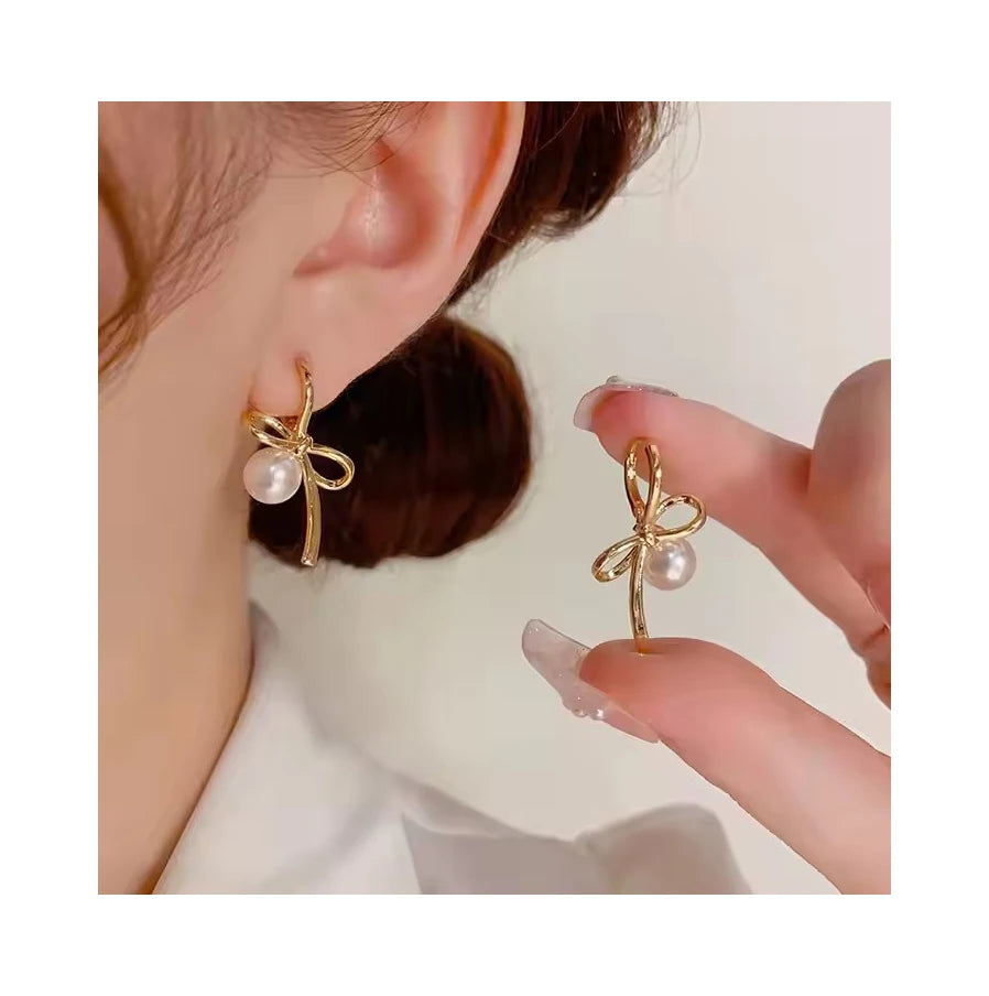 Sweet S925 Silver Needle Bow Pearl Ear Buckle Earring Copper Plated 14K Gold Fashion Stud Earrings for Women Jewelry
