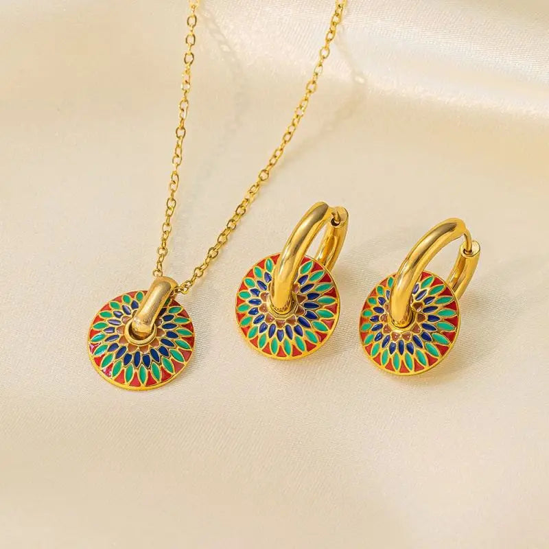 Vintage Fashion 304L Stainless Steel 18k Gold Plated Colorful Drip Oil Daisy  Jewelry Set  Bohemia Tiny Hoop Earring for Wome