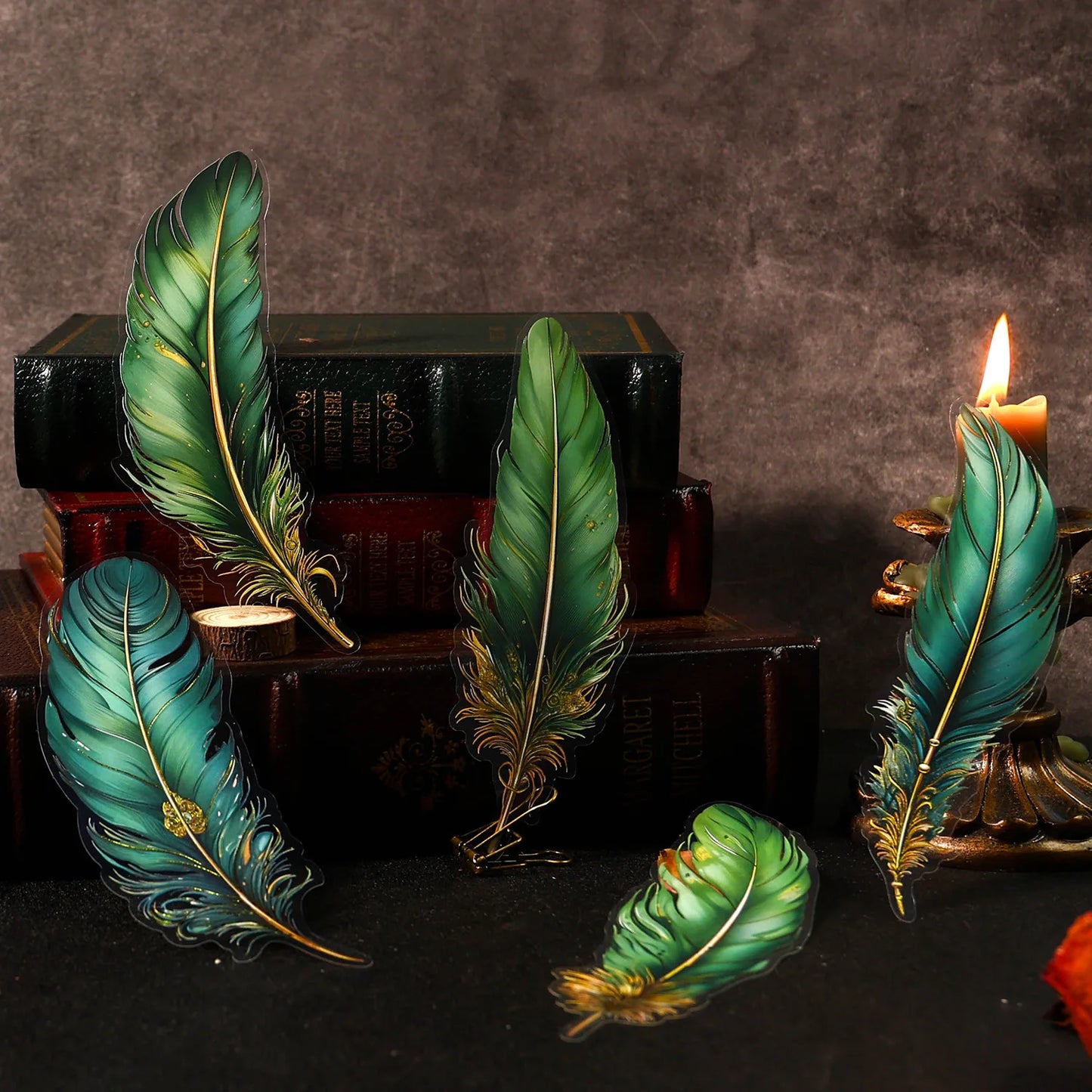 5pcs/pack PET Hot Stamping Stickers Angel's Plume Series Retro Feather Handbook Material Handbook Collage