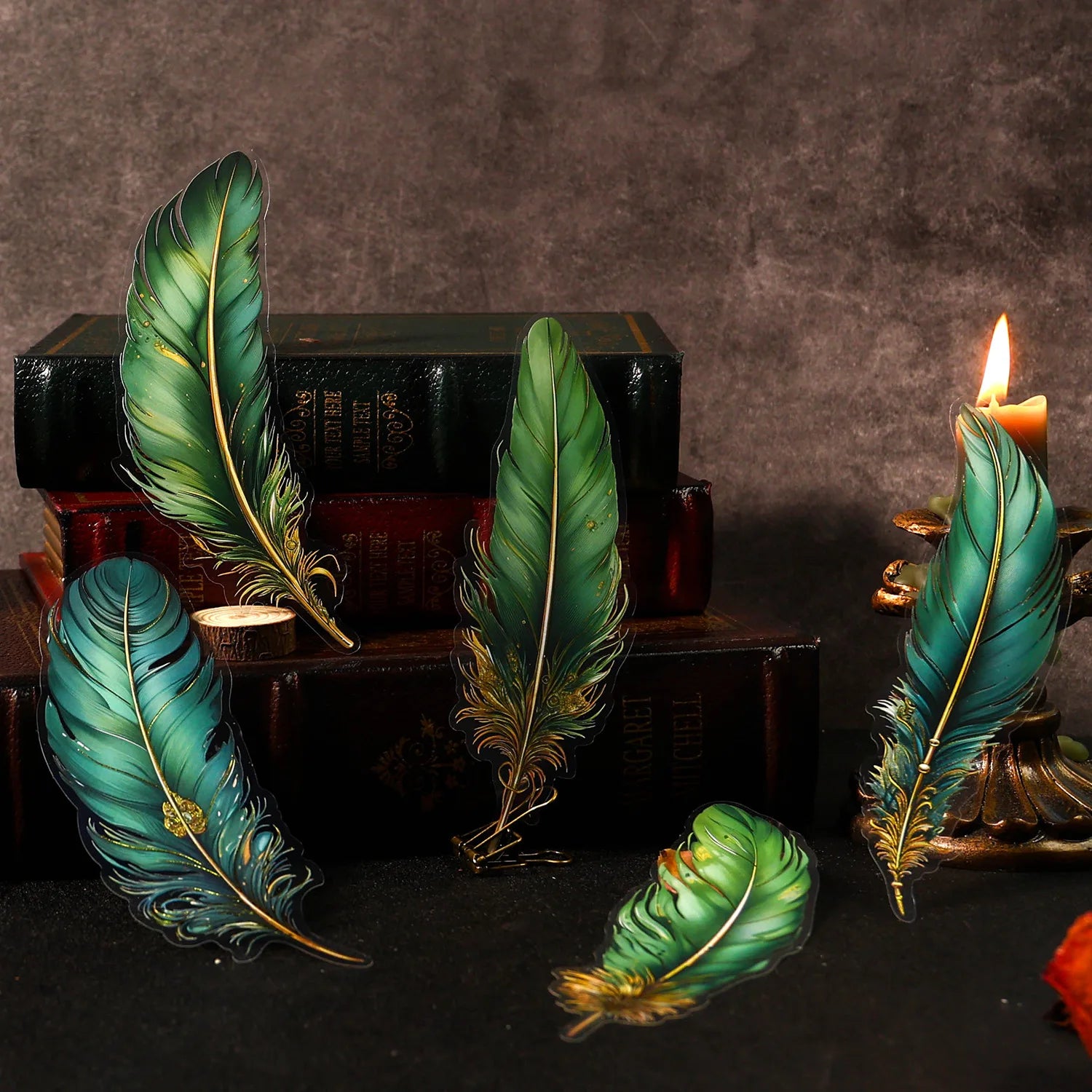 5pcs/pack PET Hot Stamping Stickers Angel's Plume Series Retro Feather Handbook Material Handbook Collage