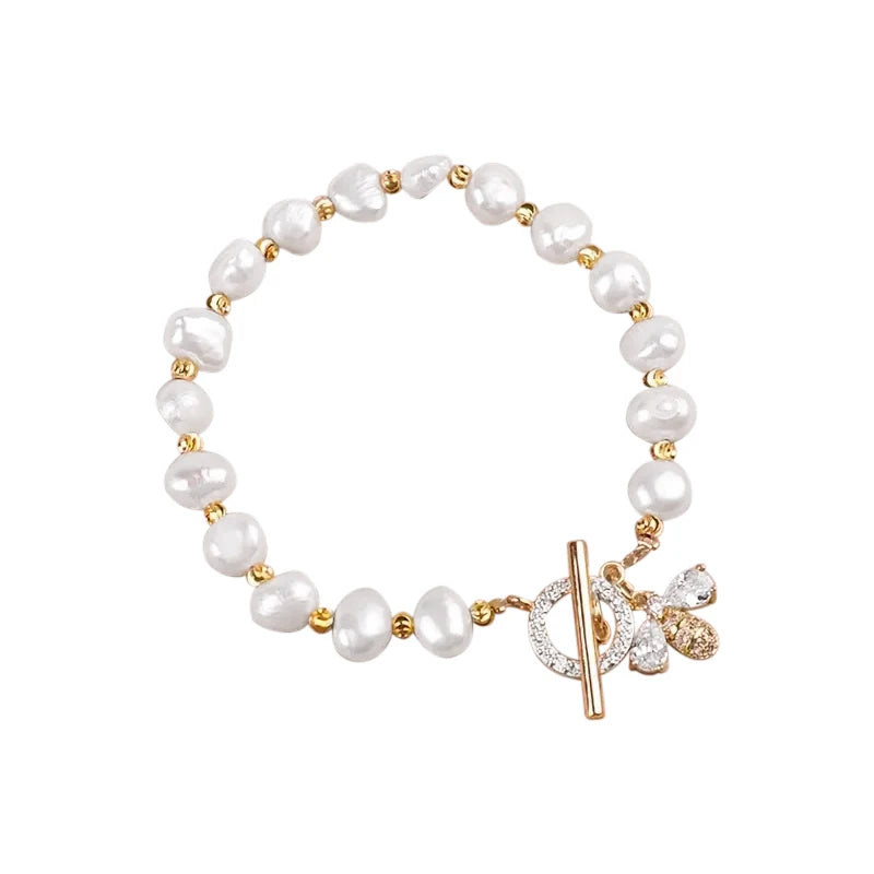Elegant Little Bee Freshwater Pearl Women's Bracelet Gold Plated Zinc Alloy Bangles Classic Style Jewelry