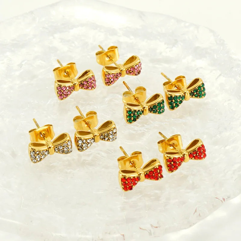 Gold Plated Stainless Steel Green Red Cute Crystal Rhinestone Bow Knot Stud Earrings for Lady Gift Women