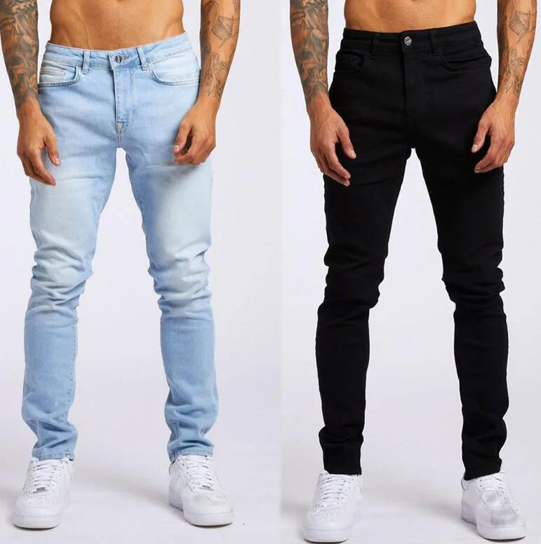 Classic Men's Spring and Autumn Jeans Business Casual Stretch Slim Denim Trousers Light Blue Black Trousers