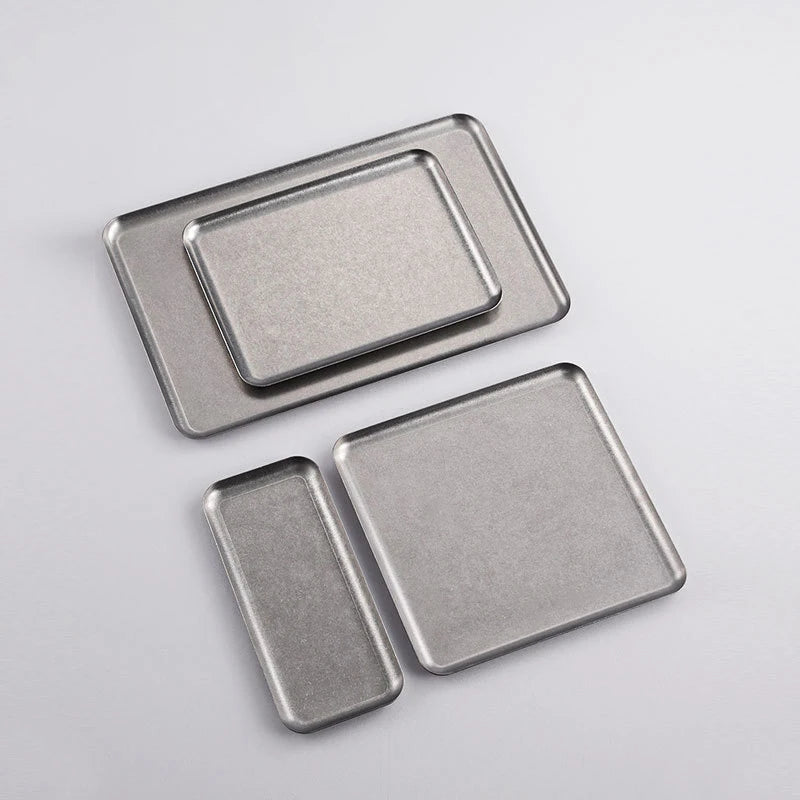 Korean Vintage Square Plate 304 Stainless Steel Tray Cafe Dessert Cake Plate Make Old Barbecue Tray with Customized Logo