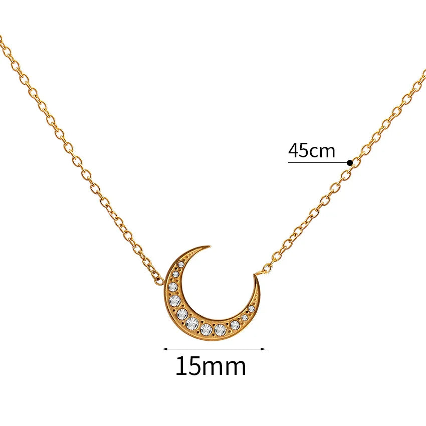 Super Shining Micro Pave Cubic Zircon Gold Silver Plated Stainless Steel CZ Moon Pendant Necklace Main Stone Pearl Chains Typ