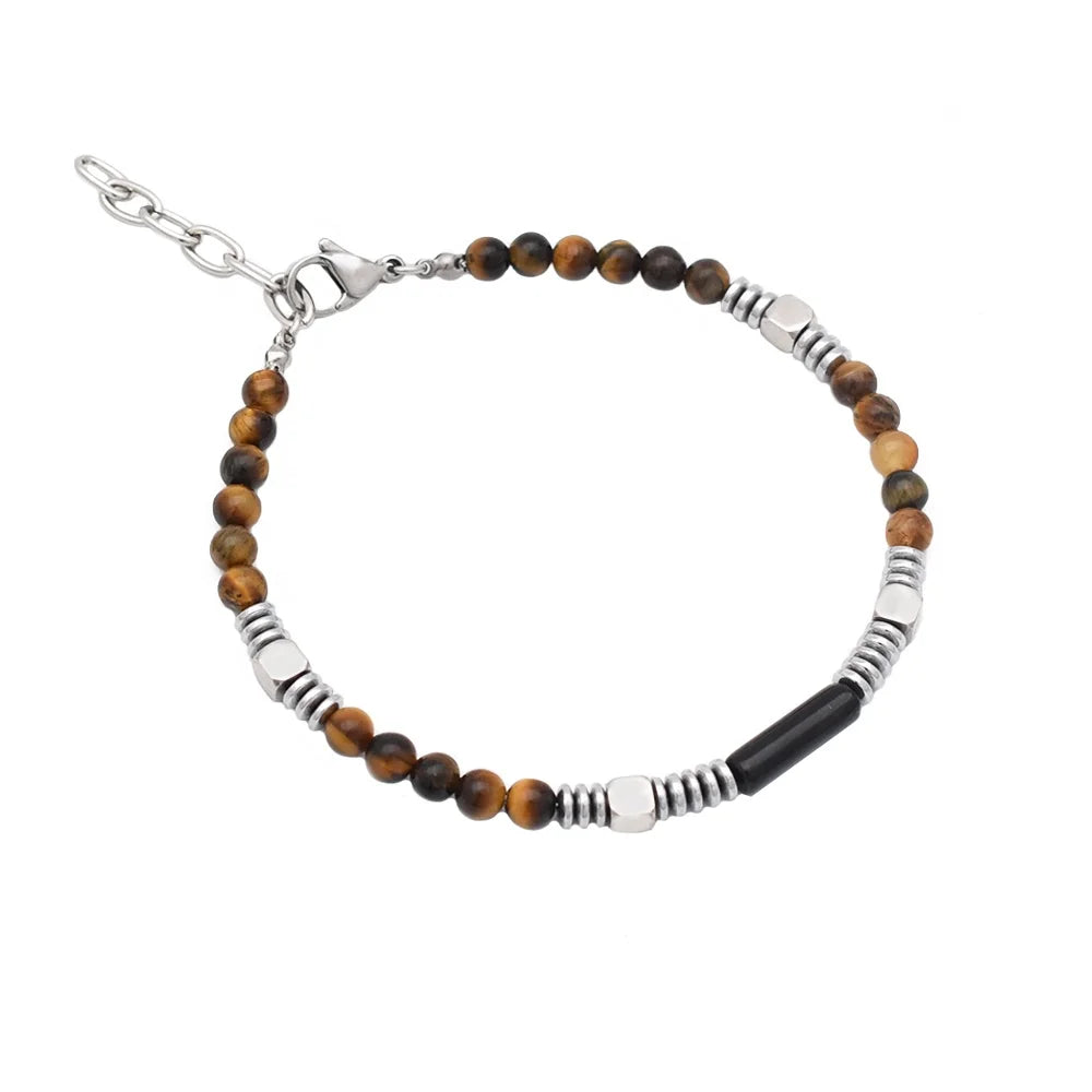 Archy 4mm Lava Stone Tiger Eye Beaded Bracelet Unisex Macrame Stainless Steel Adjustable 18K Gold Plated Trendy Gift Fashion