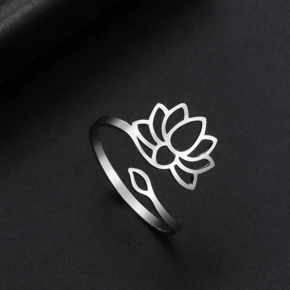 Lotus Ring 18K Gold Plated Stainless Steel Fashion Elegant Jewelry Rings for Men Women Yoga Accessories Daily Wear