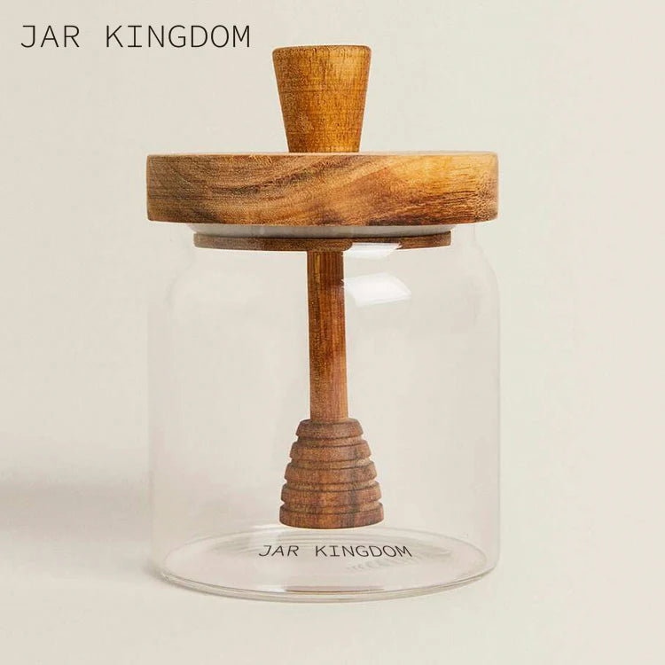 JAR KINGDOM Custom Logo Kitchen Mini Small 500ml Wood Lid Empty Clear Round Borosilicate Glass Honey Jar with Wooden Dipper L