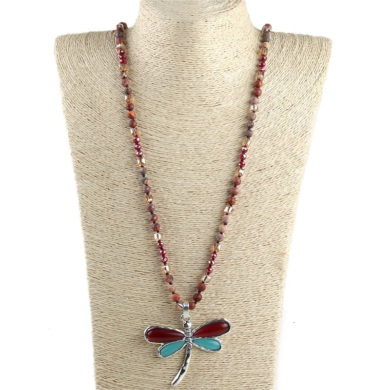 Fashion Bohemian Jewelry 6mm Mix Color Natural Stone Crystal Glass Knotted Necklace Red & Blue Wing Dragonfly Pendant Necklac