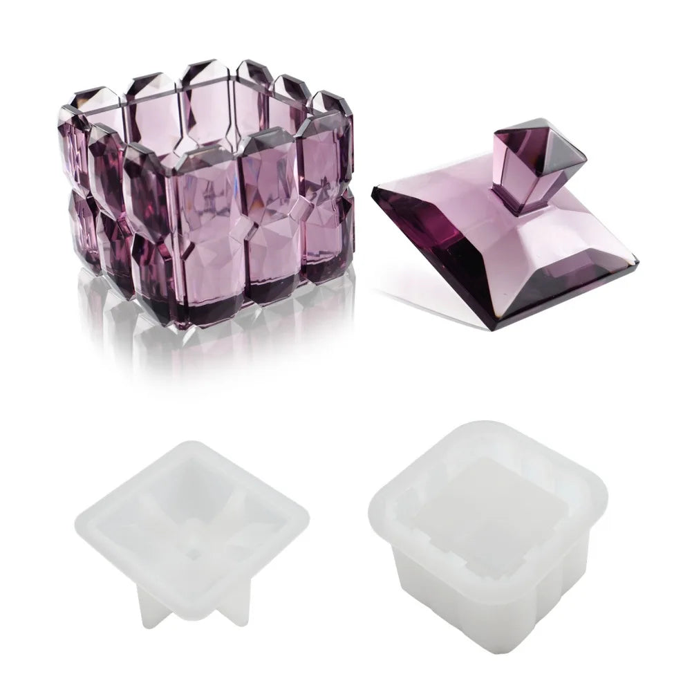 Cube Resin Jar Mold Storage Box Resin Mold with Lid Diamond Faceted for DIY Jewelry Trinket Candle Holder Home Decor