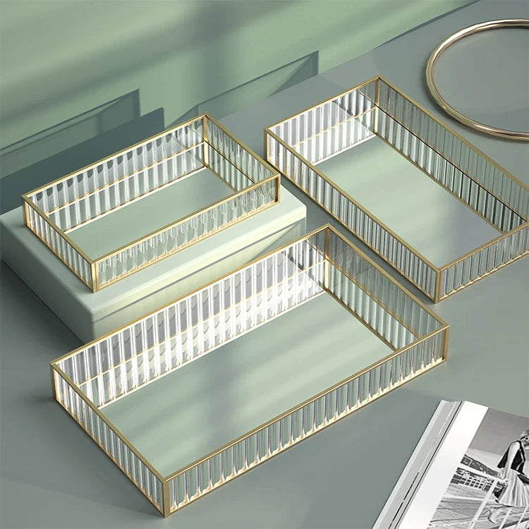 Home Decor Display Nordic Modern Mirror Tray Perfume Vanity Makeup Jewelry Metal Glass Storage Serving Tray