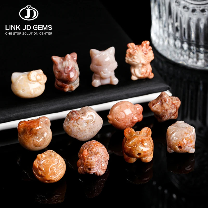JD GEMS Hand Carving Multi-choice Cute Star Cat Dragon Shaped Natural Coral Jade Loose Spacer Charm Beads for Jewelry Making