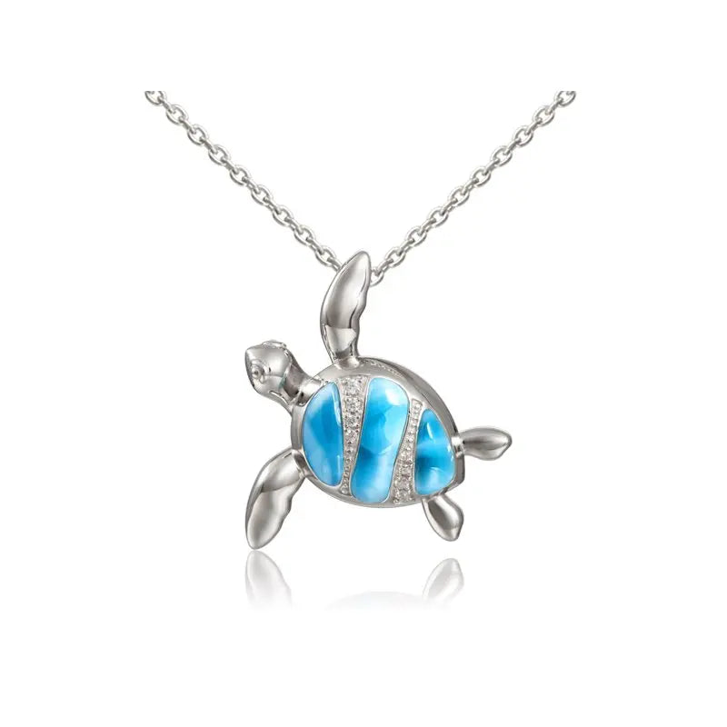 925 Sterling Silver Jewelry Charm Sea Turtle Natural Blue Larimar Pendant Necklace for Woman