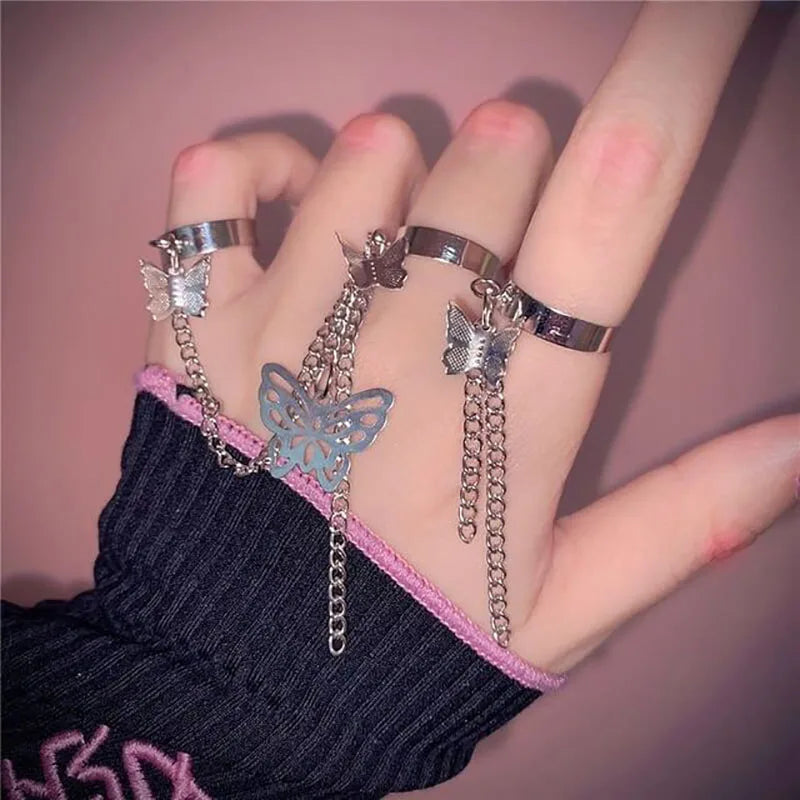2025 Trendy New Fashion Summer Chunky Rings Chain Set Butterfly Rings Alloy Jewelry Women Wedding Ring Set for Girls