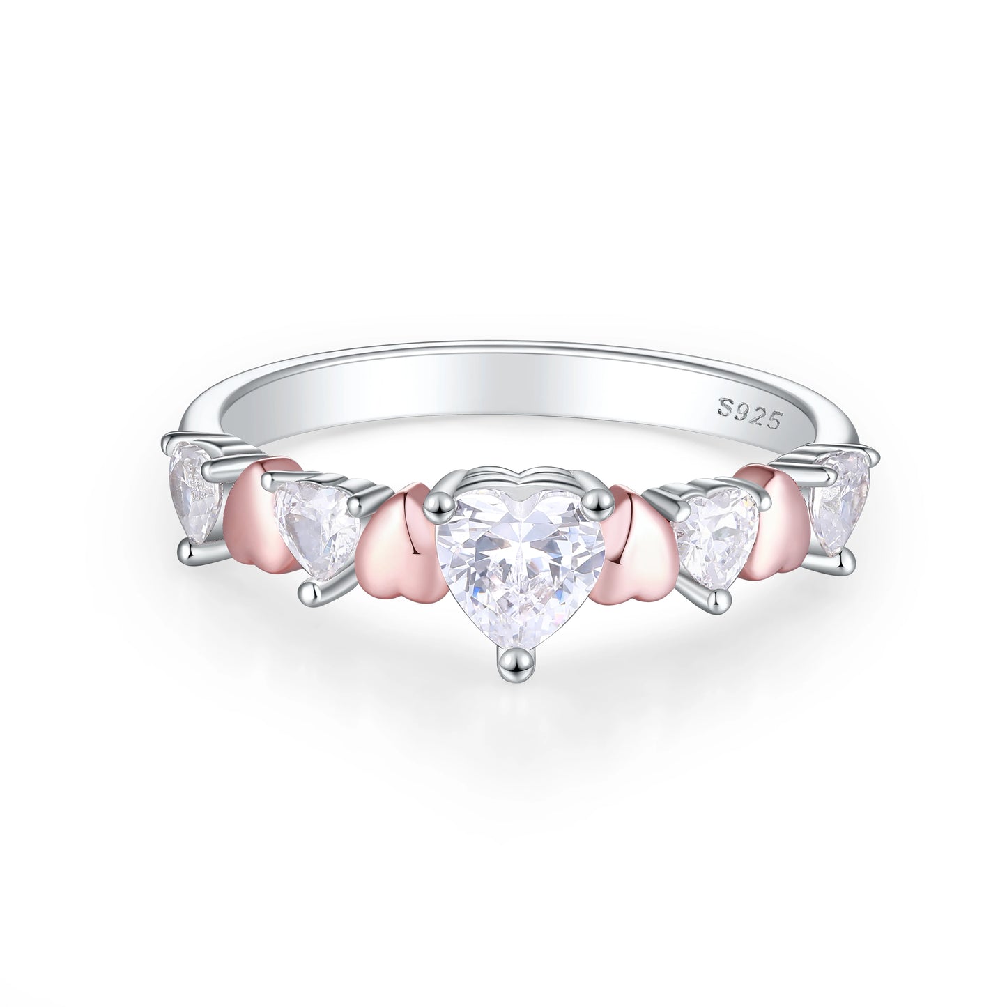 Waterproof Pink Heart Cubic Zirconia Fashion Rose Gold  925 Silver Wedding Engagement Solitaire Finger Ring Jewelry for Women
