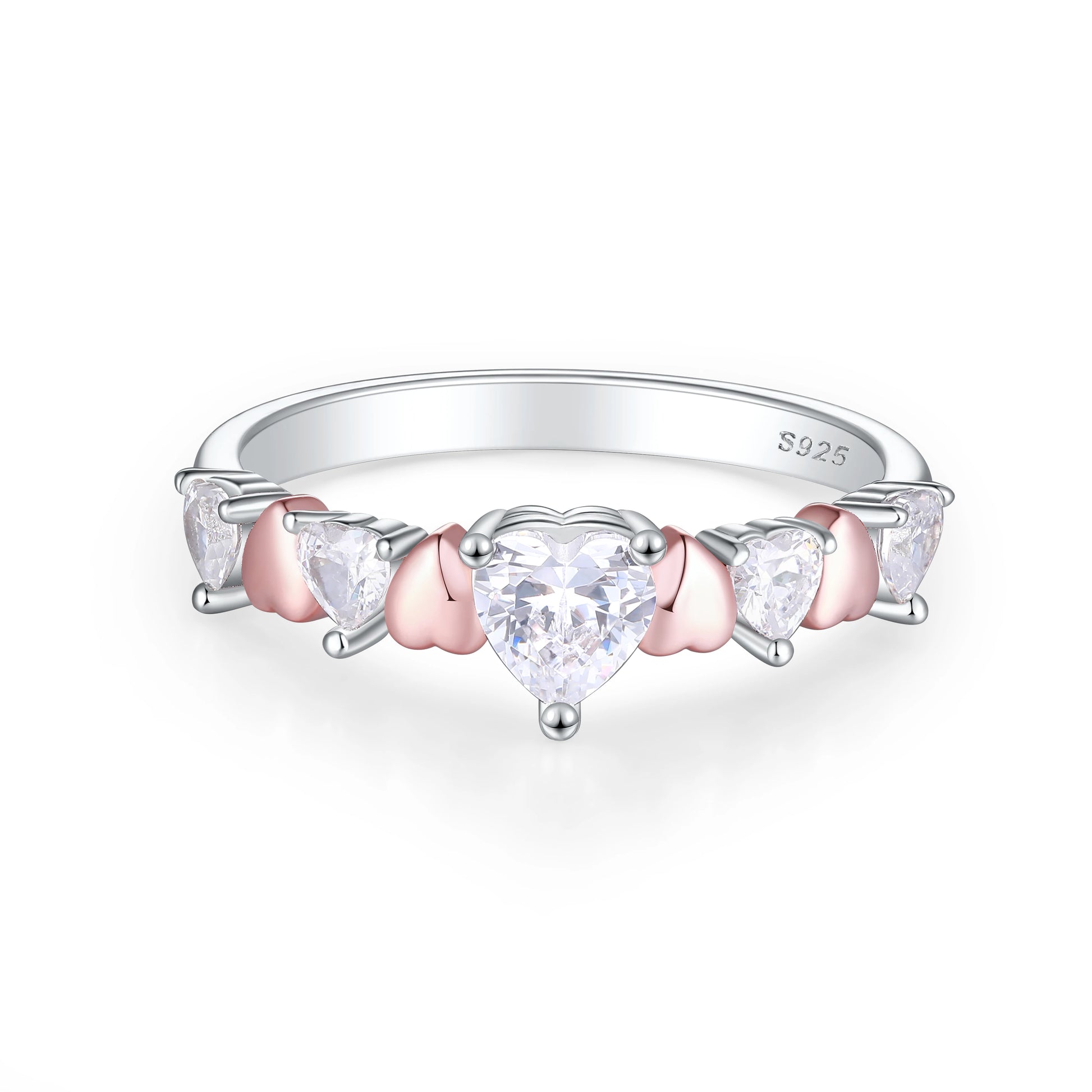 Waterproof Pink Heart Cubic Zirconia Fashion Rose Gold  925 Silver Wedding Engagement Solitaire Finger Ring Jewelry for Women