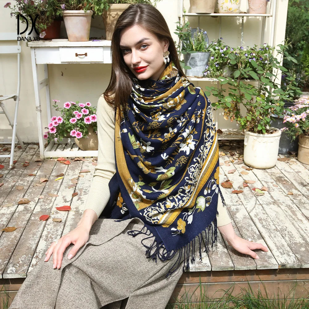 New Blue Merino Wool Luxury Floral Extra Large Oversized Scarf Shawl Wrap 100% Wool for Women Wear