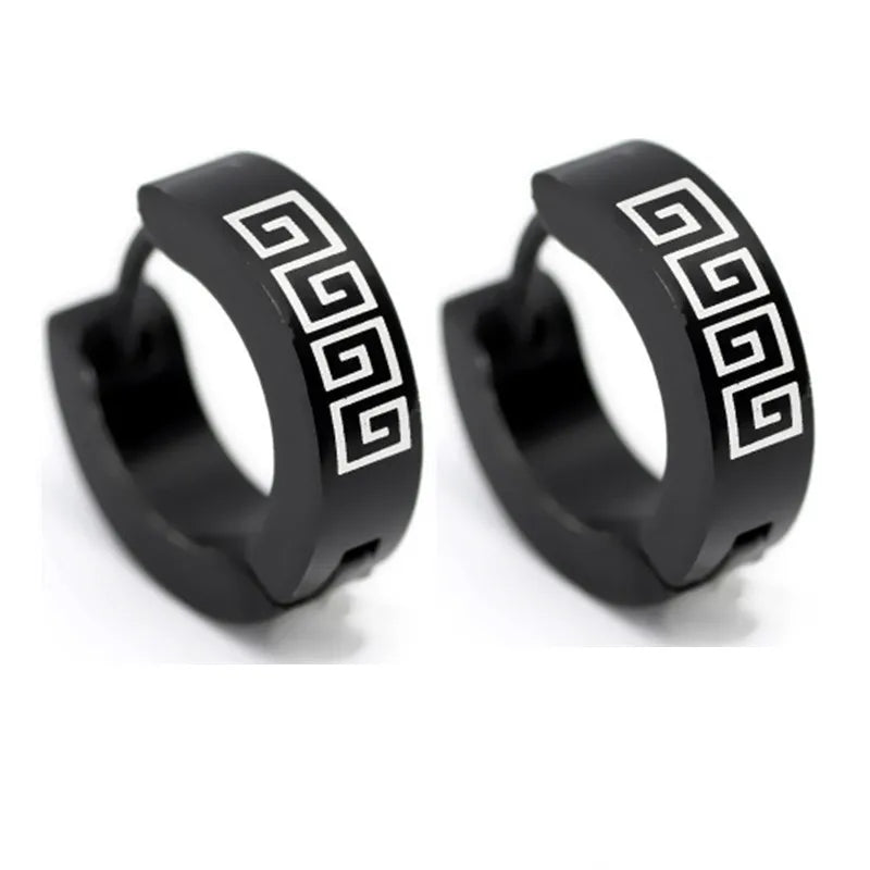 Fashion Personalized Great Wall Pattern Earrings Hypoallergenic Nickel Free Punk Stainless Steel Black Small Hoop Earrings Me