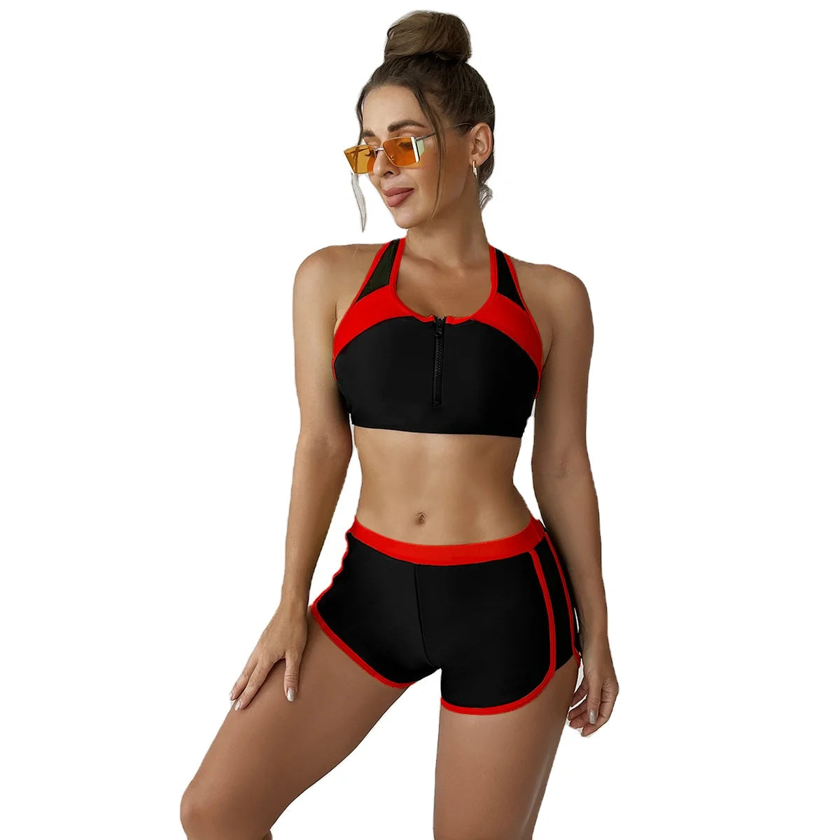 Athletic 2 Piece Swimwear with Shorts Front Zipper Swimsuits for Women Red Bathing Suit