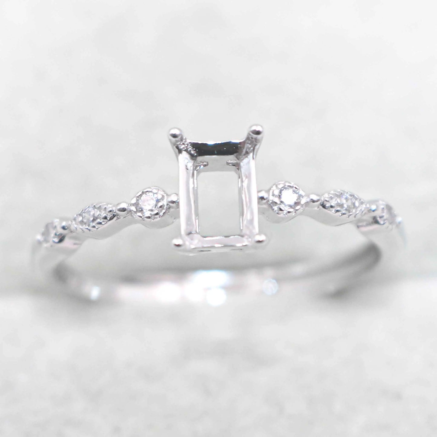 Sterling Silver 4*6mm Semi Mount Ring Square Shape Empty Frame Blank Claws Setting S925 Base Without Center Stone for Inlay D