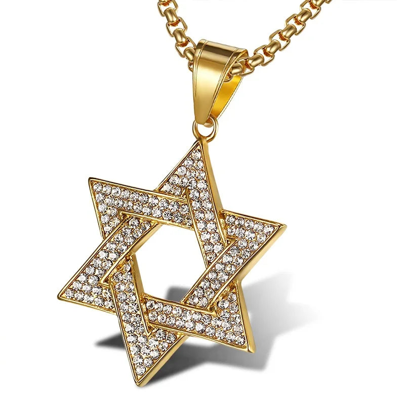 Fashion Hiphop  Man Jewelry Gold Stainless Steel Hexagram Hollow-out Star of David Stainless Steel Hollow Star Pendant Neckla
