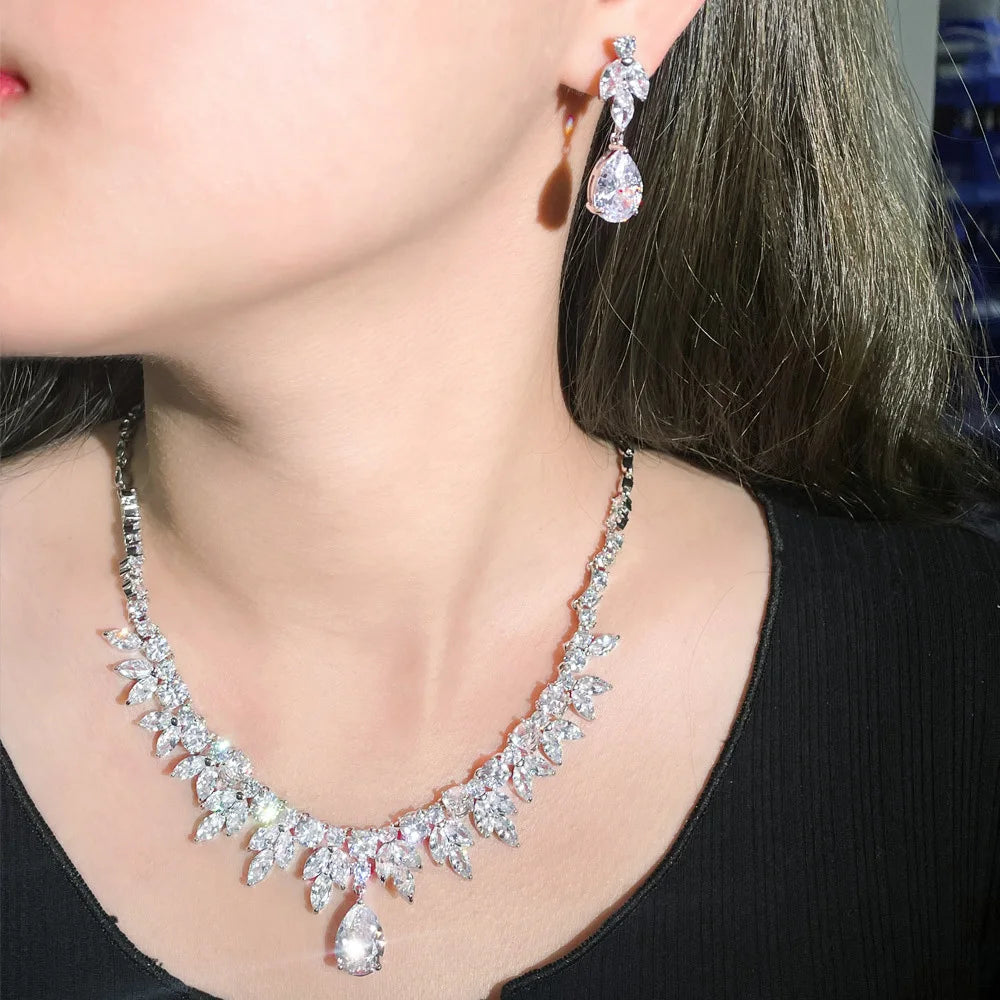 Leaf Shape Necklace and Earrings Bridal Party Accessories Silver Color Cubic Zirconia Wedding Jewelry Set for Brides Best Gif