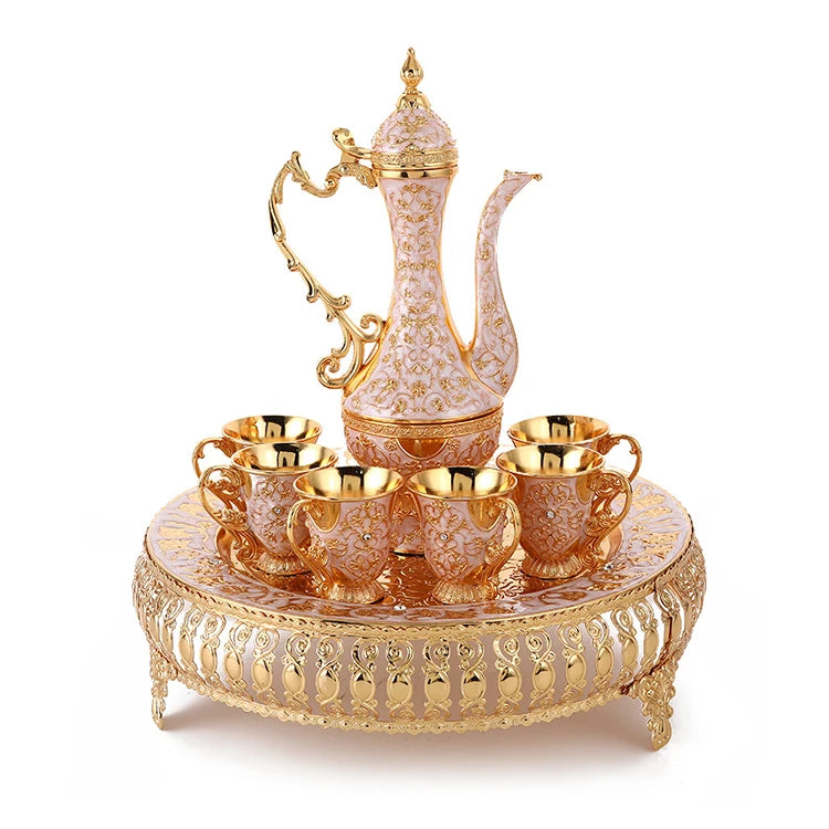 Home Restaurant Decoration European Style Metal Turkish Drinkware Luxury Silver Gold Tea Pot and Tea Cup Set