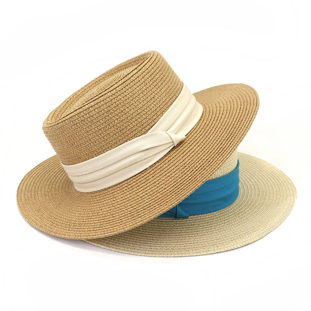 BESTELLA Summer Wide Brim Flat Top Large Brim Boater Hat Unisex Wholesale Paper Straw Hat for Beach Casual Outdoor Travel