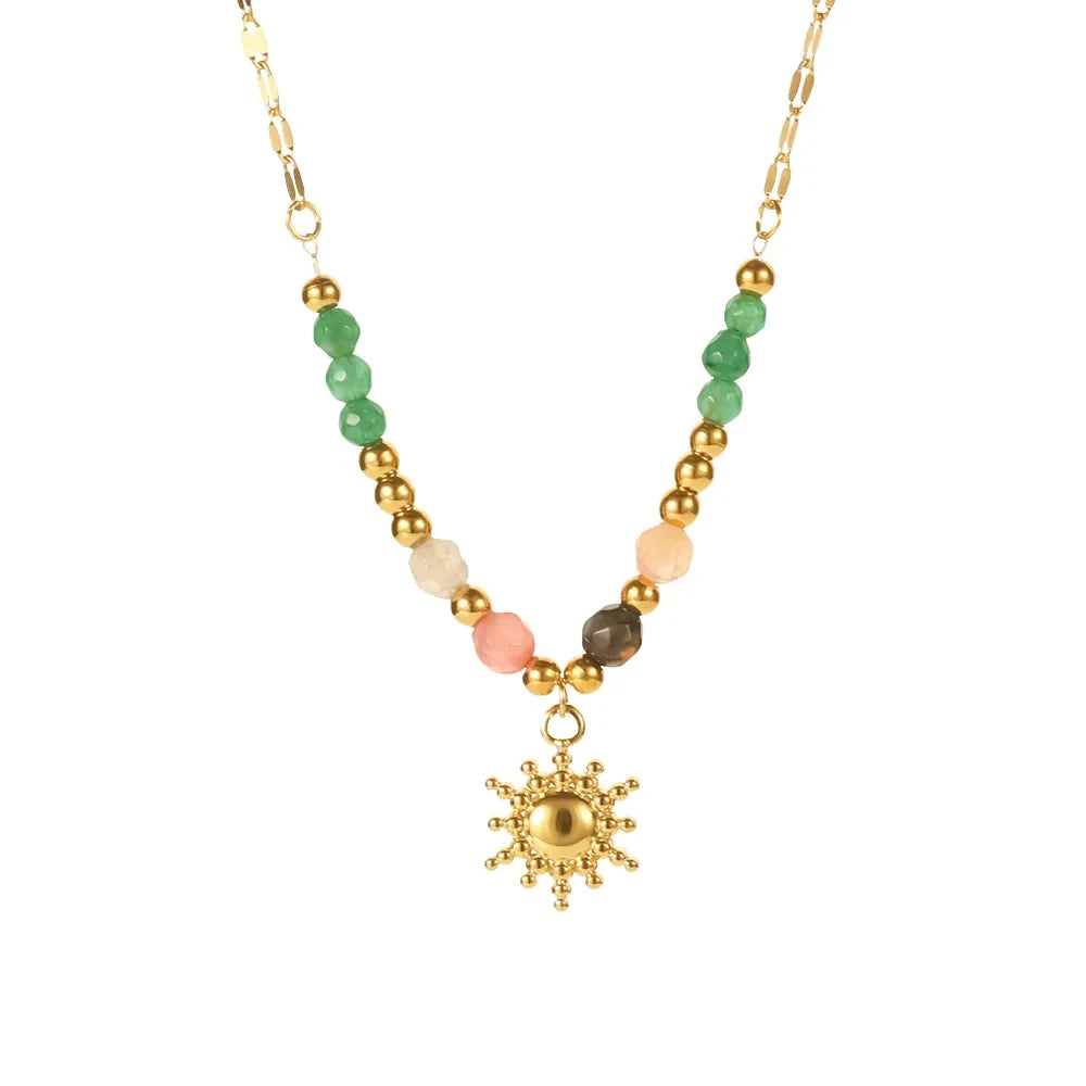 Fashion 18K PVD Plated Stainless Steel Sun Shape Pendant Necklace for Women Retro Handmade Colorful Natural Stone Beads Neckl