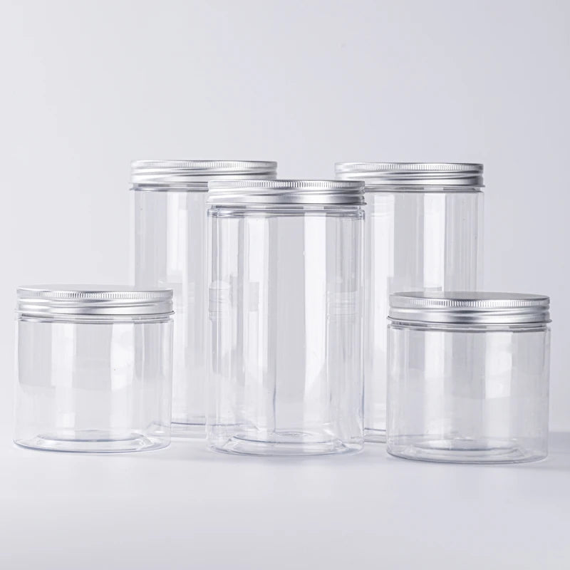 Small MOQ 250ml 300ml 450ml 650ml Empty PET Plastic Jar with Aluminum Cap Transparent Food Spice Sugar Packaging Containers