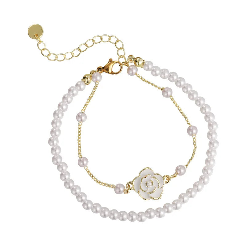 Exquisite Niche Design French Pearl Camellia Double Layer Bracelet