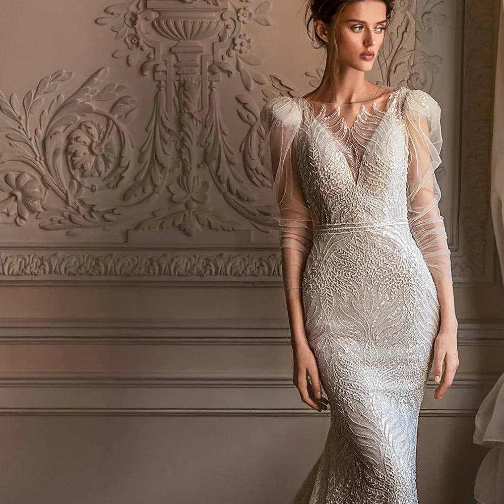 Backless Long Sleeve Beaded Wedding Dresses Mermaids Jancember LSSG023