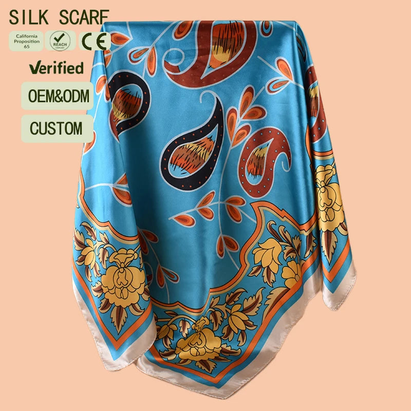 Ethnic Bohemian Floral Print Imitation Silk Square Scarf Vibrant Multicolor Satin Head Wrap for Women Custom Fashion Accessor
