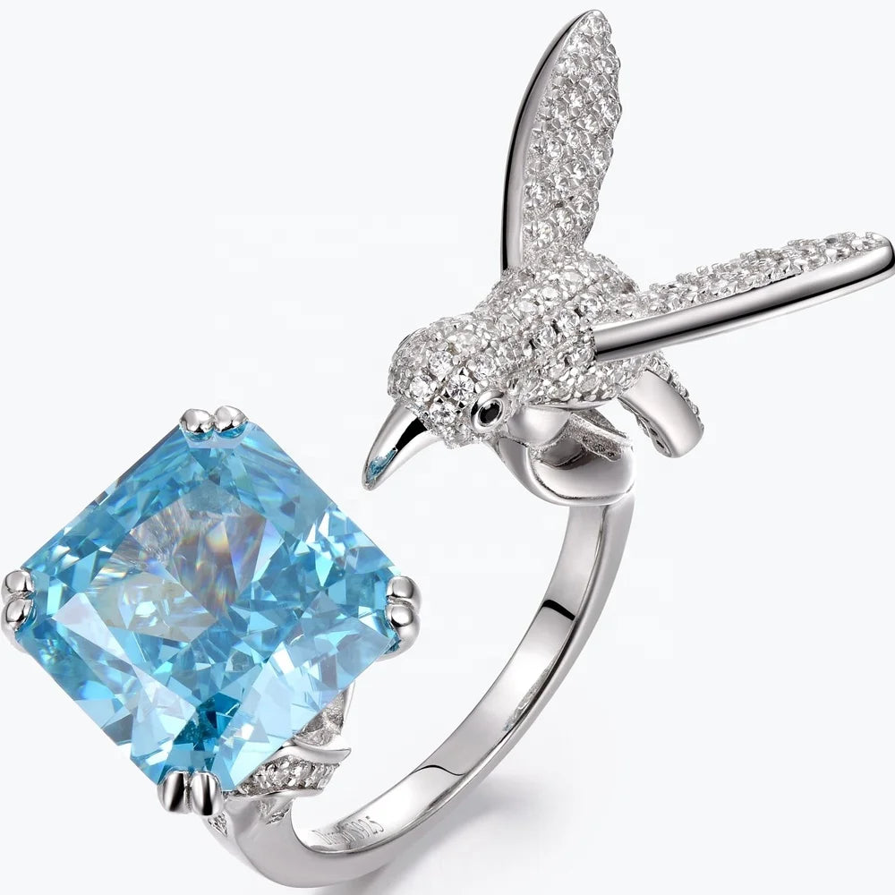 Suitable for Parties to Wear Blue Ice Cut Silver Jewelry 925 Silver Rhodium Plated Bird Ring