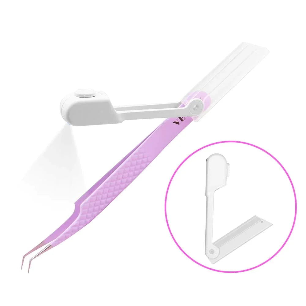 VEYES Professional Stainless Steel Tweezers LED Light Eyelash Extensions Attachment 45 Degree Curved Slanted Rounded Squared