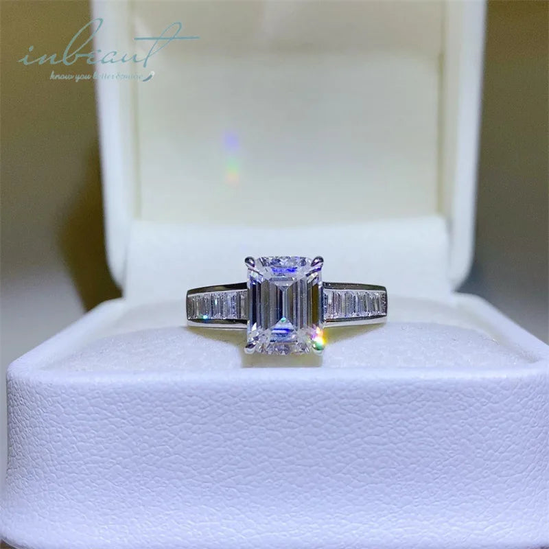 Silver 925 Original 3 Carat Brilliant Emerald Cut Diamond Test Past D Color Moissanite Ring for Wedding Real Gemstone Jewelry