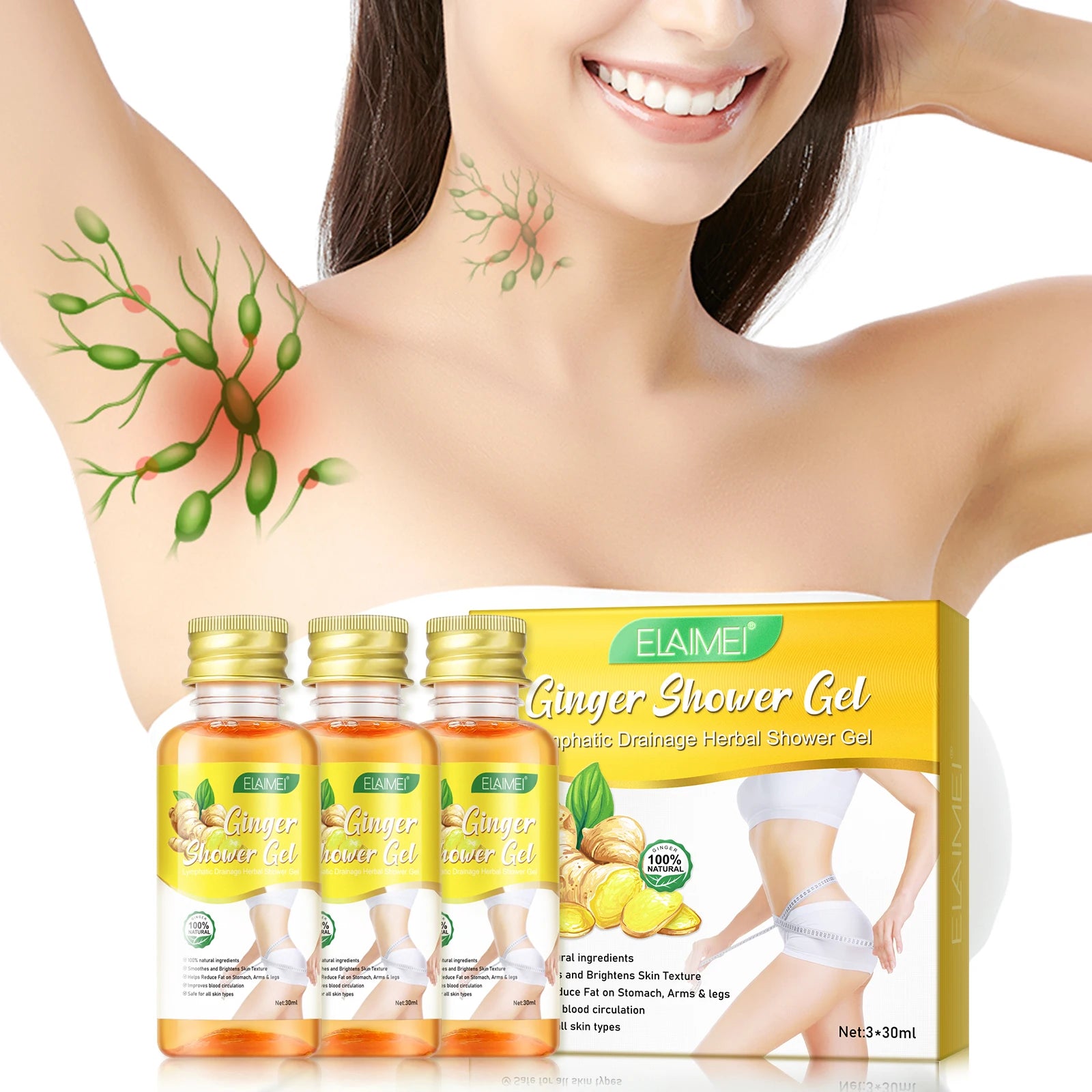 ELAIMEI Natural Herbal Lymphatic Drainage Shower Gel Ginger Shower Gel