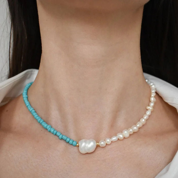 Handmade Boho Freshwater Pearl Beaded Choker Necklace Jewelry for Women