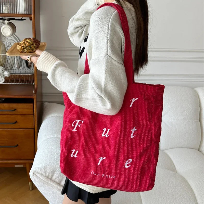 Retro Corduroy Women's Shoulder Bags Letter Embroidery Girls Book Bag Tote Handbags Large Capacity Female Eco Shopping Bag