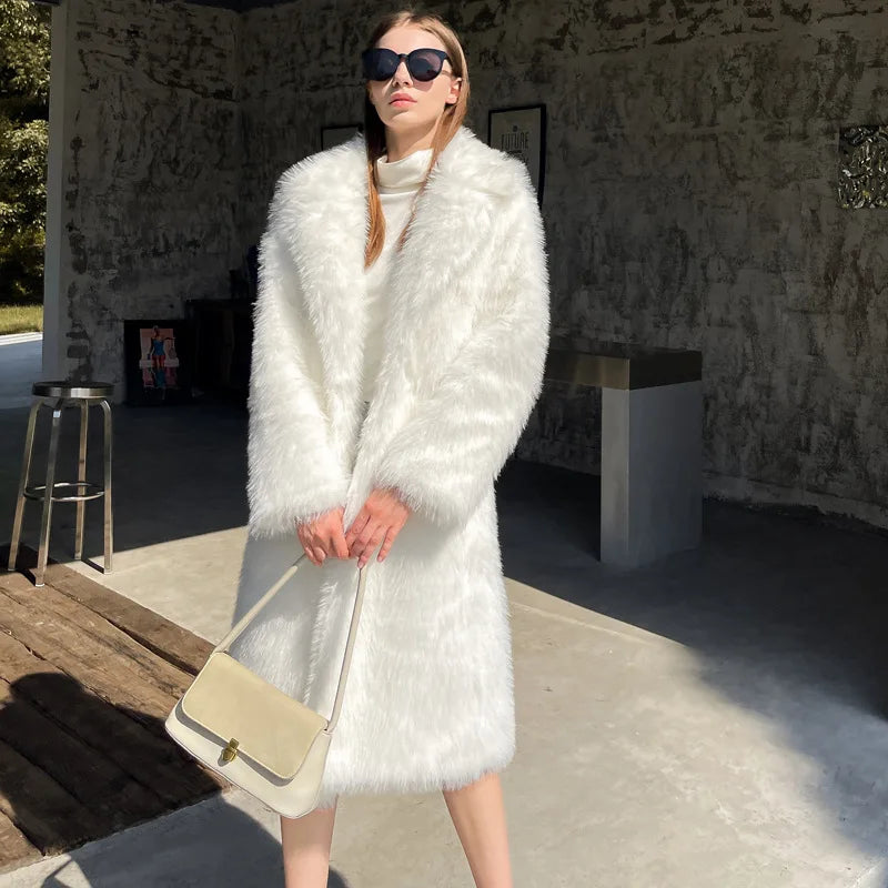 Winter New Thick Vintage Eco-Friendly Hooded Mandarin Collar Plaid Pattern Women's Long Faux Fur Parka Coat Draped Acrylic