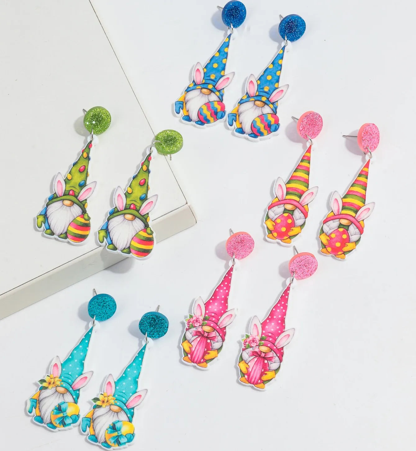 2024 Popular Resin Print Accessories Fun Dwarf Egg Flowers Gnome Rabbit Ears Long Acrylic Drop Earrings Easter Earrings Gift